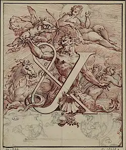 Инициал с тритоном. Бумага, карандаш, чёрный мел, перо и красные чернила