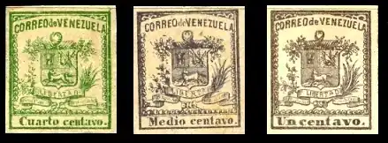 1862: вторая серия марок с гербом страны и надписью «Correo de Venezuela» («Почта Венесуэлы»)&nbsp;(Mi&nbsp;#4—6)[^]