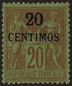 Надпечатка 20 сентимо на французской марке в 20 сантимов&nbsp;(Yt #4)