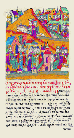 Миниатюра Лицевого летописного свода XVI в.: "О приходе Крымского царя Саип-Гирея на Рускую землю к Оке реке на берег"