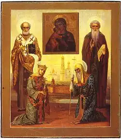 Семейная икона последних Романовых: Фёдоровская Богоматерь с святыми - Николай Чудотворец (Николай II), Александра Римская (Александра Фёдоровна), митрополит Алексий (цесаревич Алексей Николаевич) и Михаил Малеин (вел. кн. Михаил Александрович)