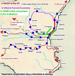 Карта провинции Катания. Фиолетовым цветом выделена Circumetnea, красным&nbsp;— ширококолейные железнодорожные линии