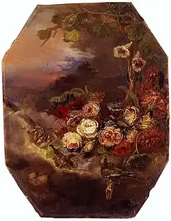 Птицы и цветы на фоне пейзажа.