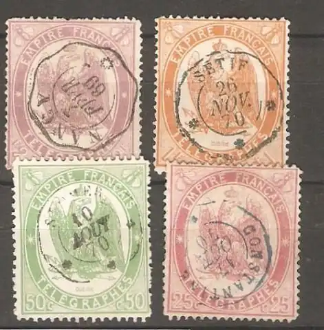 Ранние телеграфные марки (погашены в 1869—1870 годах) номиналомв 25, 50 сантимов, 1 и 2 франка