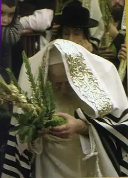 Хабадский ребе во время трясения лулавом в молитве «Галель» на праздник Суккот
