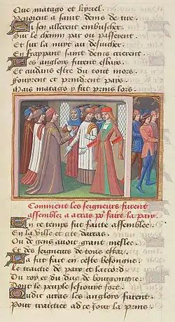 Иллюстрация XV века из Vigiles de Charles VII с изображением заключения Аррасского договора