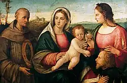 Мадонна с Младенцем и святыми Бернардино Сиенским, Марией Магдалиной и донатором. Галерея искусства, Йорк, Англия