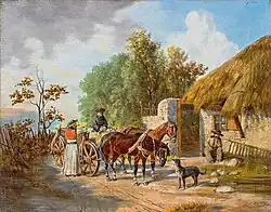 Запряженная лошадьми телега и болтающие венгры перед соломенной хижиной в солнечный поздний летний день. До 1920. Дерево, масло. Частное собрание
