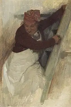 Пожилой мужчина в колпаке и фартуке (мельник или пекарь?), спускающийся по лестнице