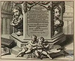 Фронтиспис Книги гравированных эскизов П. П. Рубенса фрагментов росписи потолка церкви Синт-Каролус Борроломеус в Антверпене. По рисунку Рубенса. 1735. Офорт