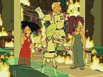 Лила, Киф, Эми и Зепп во время пожара