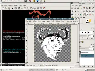 Снимок рабочего стола операционной системы, основанной на GNU (показаны среда GNOME, редакторы GIMP и Emacs)