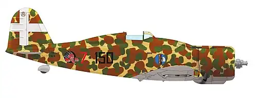 истребитель Fiat G.50 Freccia с опознавательным знаком на киле в виде белого креста принятого в 1940 году