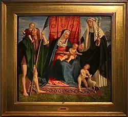 Мадонна с Младенцем и святыми: младенцем Иоанном Крестителем, Христофором, Екатериной Сиенской и Домеником. Ок. 1500. Дерево, масло. Музей Ала Понцоне, Кремона