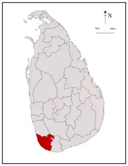 Area map of Galle District, converging inwards from the south west coast, in the Southern Province of Sri Lanka
