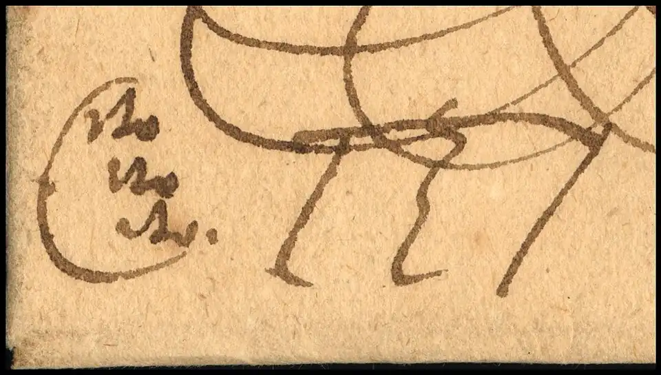 Увеличенная деталь: надпись лат.&nbsp;«Cito, cito, cito» («Быстро, быстро, быстро») и знак виселицы