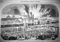 Gravure du journal l’illustration : l’incendie de la gare de Troyes en 1855