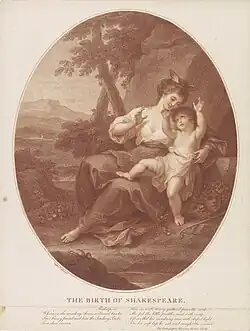 Рождение Шекспира. Из серии «Шекспириана». 1738—1815. Пунктирная манера. Печать сангиной