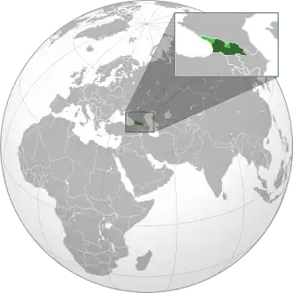 Грузия на карте мира.Светло-зелёным обозначены оккупированные Россией территории (частично признанные Республика Абхазия и Южная Осетия).