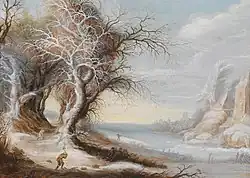 Зимний пейзаж с лесорубом. Медь, масло. Частное собрание