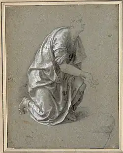 Этюд коленопреклонённой фигуры. Серая бумага, итальянский карандаш, белила. Галерея Альбертина, Вена