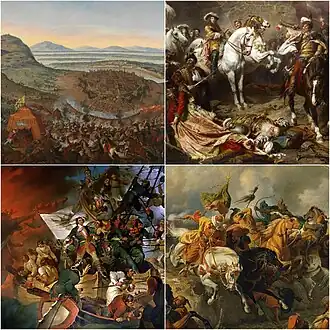 Сверху, слева направо: Венская битва (1683); осада Буды (1686); взятие Азова (1696); битва при Зенте (1697)