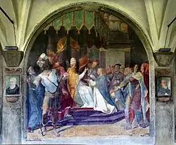 Папа Гонорий III подтверждает права доминиканского ордена. 1581—1584. Фреска большого кьостро монастыря Санта-Мария-Новелла во Флоренции