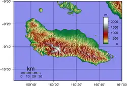 Топографическая карта Гуадалканала с выделенными горами и высотами.