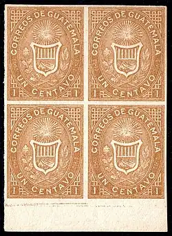 1 сентаво&nbsp;(Sc #1a), квартблок негашёных беззубцовых марок