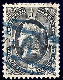 ¼ реала&nbsp;(Sc #7), погашенная овальным номерным почтовым штемпелем «6» (в Кесальтенанго)