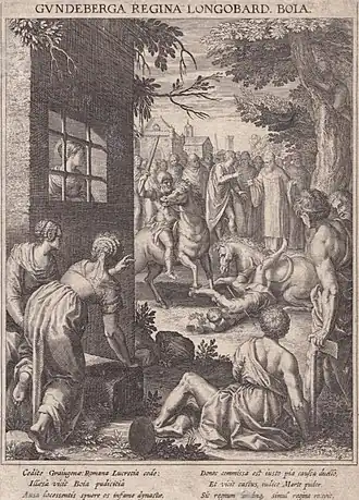 Рафаэль Сандлер.  Несправедливо обвинённая Гундеберга смотрит из окна темницы на смерть Ариоальда от божественного воздаяния.  Гравюра на меди из книга «Bavaria Sancta» (1618 год)