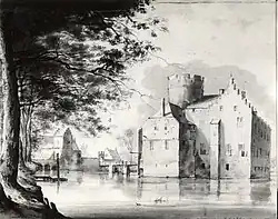 Вид на обнесённый рвом замок Лоэнслут со стороны подъездной дороги к внешнему двору. 1646. Бумага, кисть, перо, тушь. Муниципальный архив, Утрехт