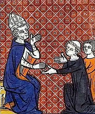 Епископ Луп подаёт нищим милостыню. Изображение XIV века.