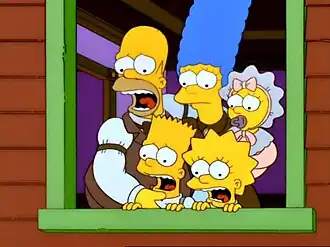 Симпсоны, участвующие в реалити-шоу «1895», находятся в доме, который плывёт по водопаду