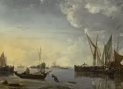 Разгрузка кораблей в штиль на закате. Ок. 1655. Холст, масло. Частное собрание