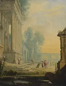 Пейзаж с Иисусом Христом, исцеляющим слепого. Выставлялся в музее Великолепного века Франции в Сен-Клу