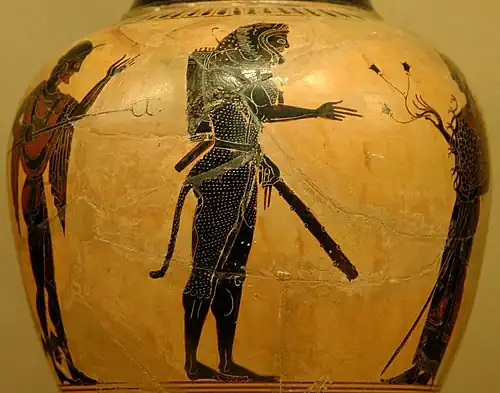 Изображение Гермеса и Афины, приветствующих Геракла на Олимпе на ойнохойе работы Никосфена. Ок. 520&nbsp;г. до&nbsp;н.&nbsp;э. Лувр. Париж