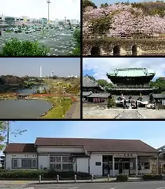 Сверху вниз, слева направо: Æon Mall Higashiura, Odai Park, Aichi Health Village Park, Kenko-in, Higashiura Station[англ.]