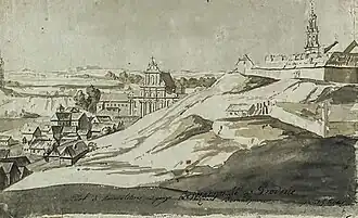 Ю. Пешка. Вид Гродно. Справа костёл бернардинцев (около 1800 года).