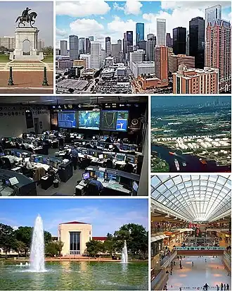 Сверху по часовой стрелке: монумент Сэму Хьюстону[англ.], деловой центр[англ.], судоходный канал, торговый центр «The Galleria»[англ.], Хьюстонский университет и ЦУП имени Крафта-младшего[англ.] в космическом центре имени Джонсона.