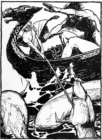 Тор, Хюмир и Ёрмунганд. Рисунок Артура Рэкхэма, 1901