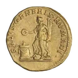 Салюта (персонификация здоровья) стоит, влево; в руках держит патеру и руль