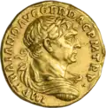 Ауреус Траян ок. 108-110 гг. (аверс). Бюст Траяна в панцире и плаще