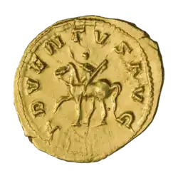 Реверс, Деций Траян верхом на коне, легенда ADVENТVS AVG