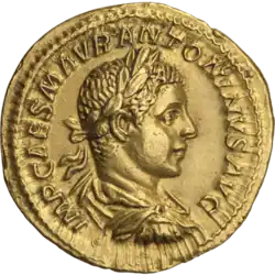 Ауреус. Элагабал (аверс). Бюст Элагабала в плаще