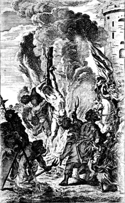 «Ignis hostes tuos devoret». Изображение казни евреев, обвинённых в осквернении гостии в Брюсселе, пера Якоба Харевейна[болг.] (около 1720). На основе гобелена из мастерской Ван Гельмонта.