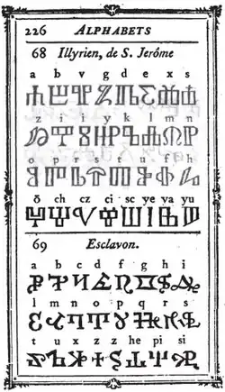 Глаголица, приписываемая святому Иерониму (вверху) и неизвестный славянский алфавит (внизу) из сборника Manuel typographique de Fornier, том II