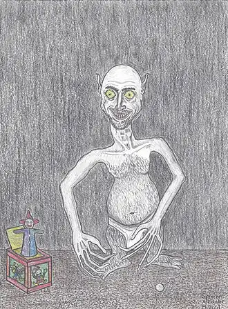 Карандашная зарисовка боггарта 2018 года, частично основанная на описании из « Диалекта и фольклора Нортгемптоншира» Т. Штернберга (1851 г.)