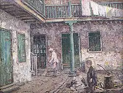 French Quarter Courtyard with Woman Sweeping and Children
