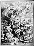 Людовик XIV как Архангел Михаил, покровитель Франции, побеждает ересь. Бумага, тушь, перо, кисть. Национальный музей изобразительных искусств, Стокгольм
